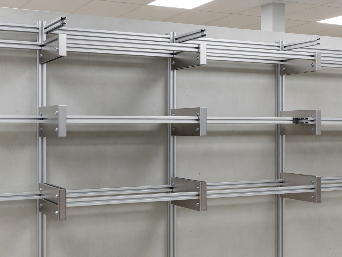 Architectural fixture assembly showing perimeter shelving brackets and metal framing