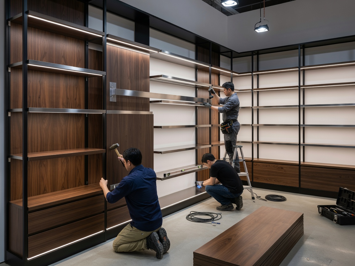 Carpenters and fitters assembling high-end retail perimeter shelving with integrated LED channels