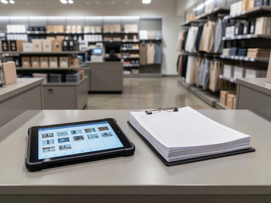 Digital snagging tablet and handover documentation checklist on retail counter