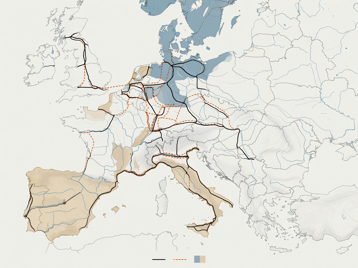 European freight logistics corridor overview map showing transit routes and regulatory boundaries