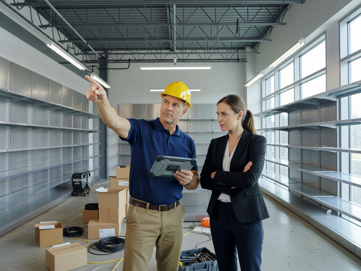 Lead installation supervisor conducting digital tablet walk-through with retail store manager