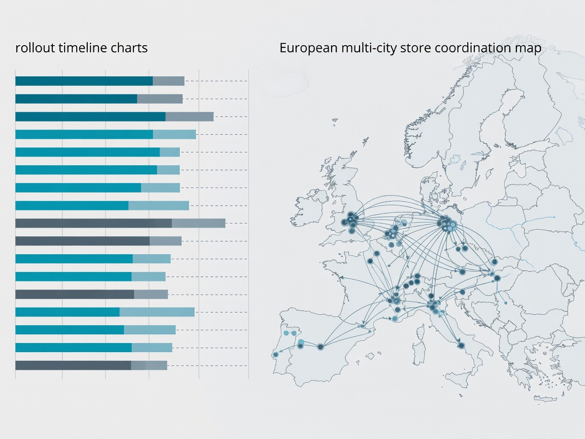Rollout timeline charts and European multi-city store coordination map