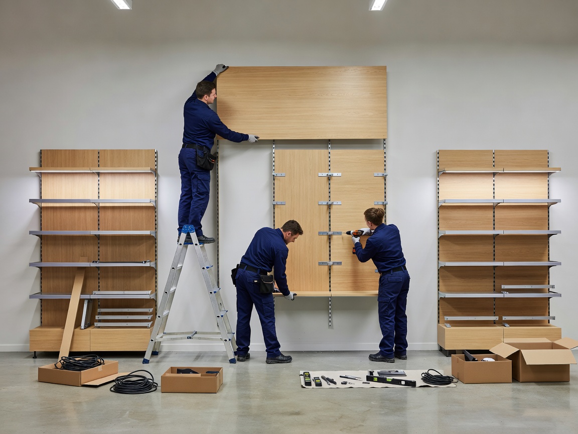 Specialist installation team fitting modular retail wall display units