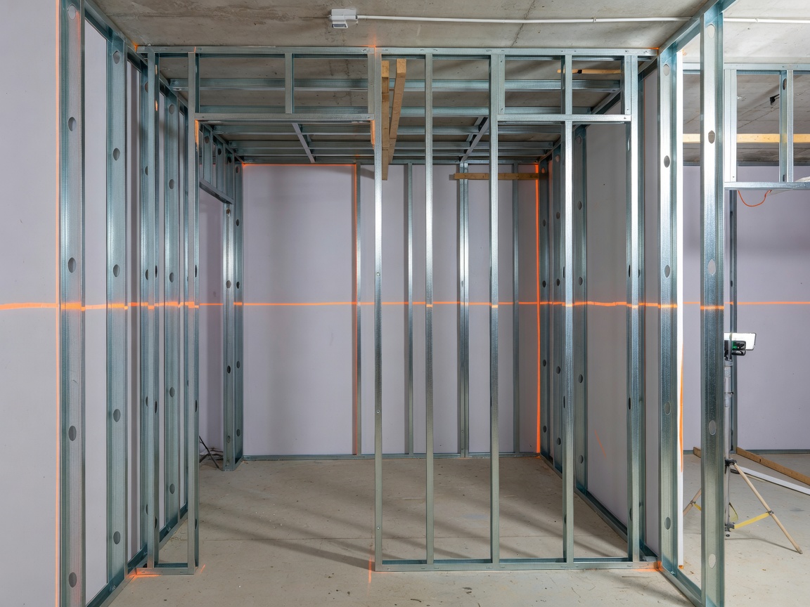 Technical interior fitout showing wall datum lines and perimeter framework assembly